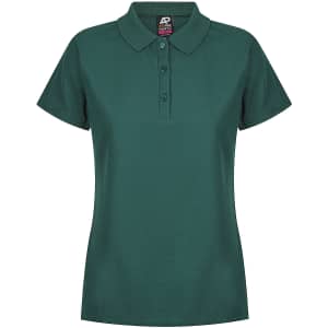 A green polo shirt with a collar and short sleeves, featuring a button-up front and a branding logo.