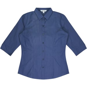A navy blue button-up shirt with 3/4 sleeves and a fitted design, featuring a logo.