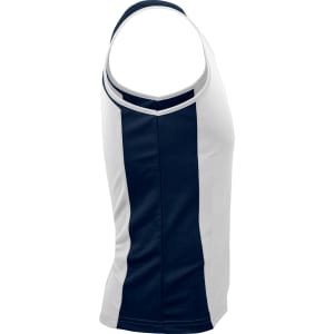 A men's singlet featuring navy blue and white stripes, with a logo on the front.