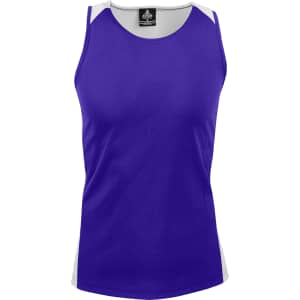 A purple singlet with grey accents and a logo at the neck.