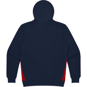 A navy hoodie with red side panels, featuring a hood and long sleeves, and displaying a logo.