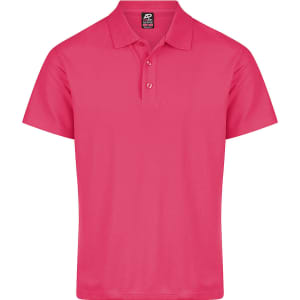 A pink polo shirt featuring a collar and three buttons, with a logo on the label.