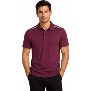 A maroon polo shirt featuring blue accents, with a collar and buttons, displayed on a male model.