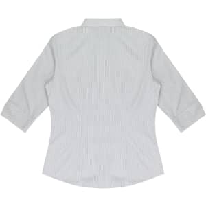 A light green and white striped button-up shirt with 3/4 sleeves and a collar, featuring a logo.