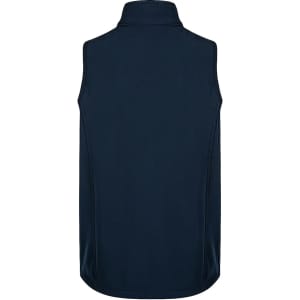 A dark blue kids' vest with a high collar, featuring a logo on the back.