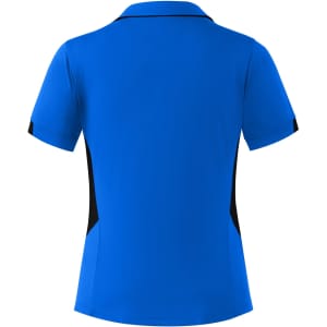 A blue polo shirt with black side accents, featuring a collar and short sleeves. It has a logo on it.