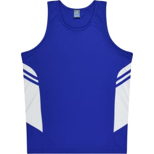 A blue singlet with white side panels and a logo on the chest. Suitable for kids.