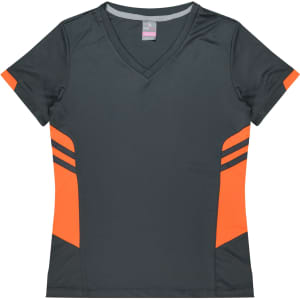 A dark green women's t-shirt with orange side accents and a v-neck design. It features branding on the label.