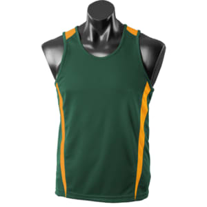 A green singlet featuring orange accents, displayed on a black mannequin. It has a logo on the front.