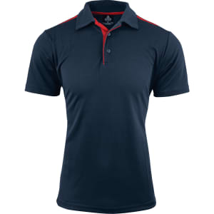 A navy blue polo shirt with red accents, featuring a collar, three buttons, and a logo.