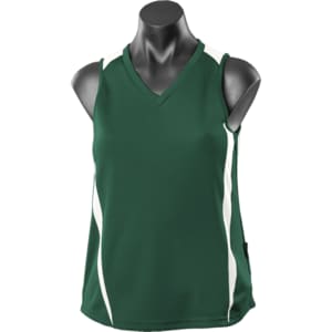 A green singlet with white accents, featuring a v-neck design and a logo on the side.