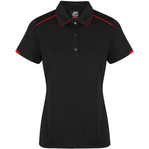 A black polo shirt with red accents and a collar, featuring a logo on the chest.
