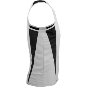 A men's singlet in white with black panel designs, featuring a logo on the side.