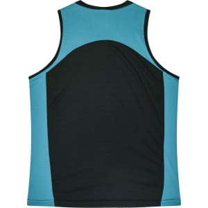 A singlet featuring a black body with turquoise accents, designed for women's activewear. It has a logo on the front.