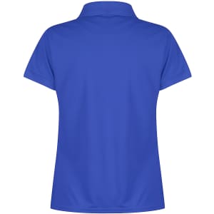 A blue polo shirt with a standard collar and short sleeves, featuring a logo on the back.
