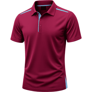 A maroon polo shirt with light blue detailing and a logo. Designed for men, featuring a classic collar and buttons.