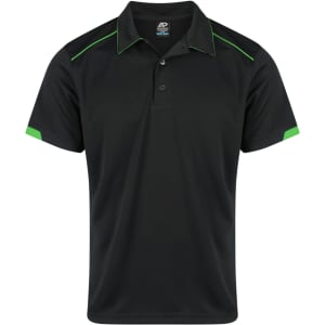 A black polo shirt with green accents and a logo on the chest area. Designed for men's wear.
