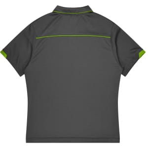 A grey polo shirt with green accents and a logo on the back, designed for sports uniforms.