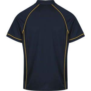 A navy polo shirt featuring yellow piping along the seams and a classic collar. It has a logo on the front.