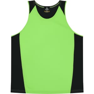 A bright green and black singlet featuring a logo. Suitable for active wear and casual outings.