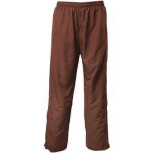 Brown men's track pants with an elastic waistband and a smooth fabric texture. Features a logo on the side.