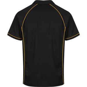 A black polo shirt with yellow accents and a logo, featuring a classic collar and short sleeves.