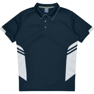A navy blue polo shirt featuring white panels and stripes, designed for kids, with a collar and buttons.