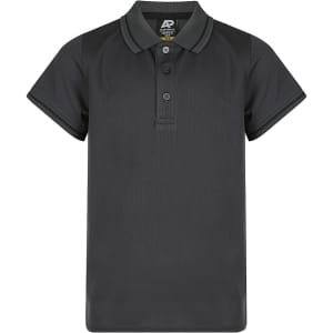 A black polo shirt with a collar and three buttons, featuring a small logo on the label.