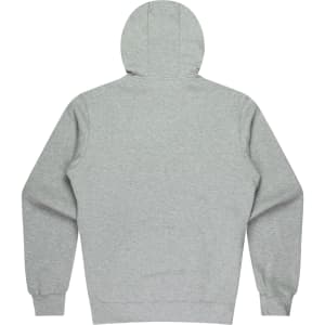 A grey kids' hoodie with a hood and long sleeves. The back view shows a simple design. It has a logo.