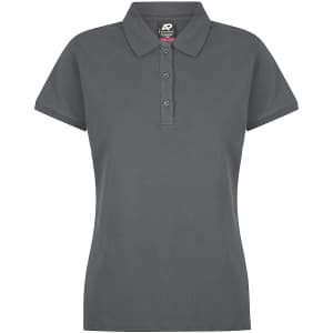 A grey polo shirt featuring a collar, three buttons, and short sleeves. The shirt has a logo on the label.