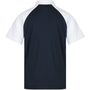 A navy and white polo shirt with a raglan sleeve design and a logo on the back.