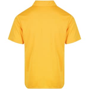 A yellow men's polo shirt, featuring a collar and short sleeves, with a back view and a logo.