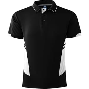 A black and white polo shirt featuring a logo, with contrasting side panels and a classic collar design.