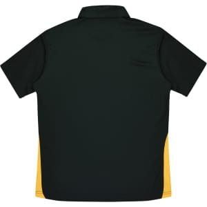 A dark green polo shirt with yellow side panels and a collar, featuring a logo on the front.