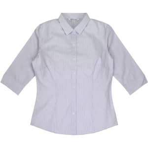 A light striped button-up shirt with 3/4 sleeves and a standard collar, featuring a logo.