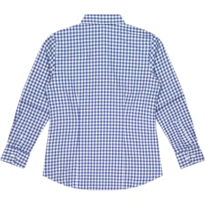 A long-sleeve button-up shirt in blue and white checked pattern, featuring a classic collar and a logo.
