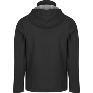 A black jacket with a hood, featuring a smooth design and a minimalist style on the back.