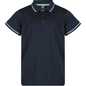 A dark navy polo shirt with light blue accents and a logo on the chest. Short sleeves and a classic collar design.