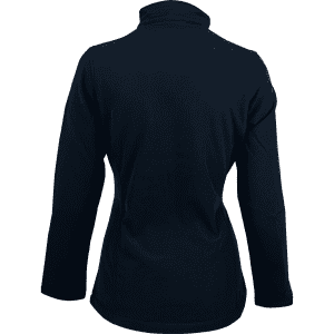 A navy soft shell jacket featuring a high collar and long sleeves, with a simple, clean design.