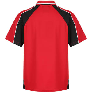 A red polo shirt with black accents and a logo on the sleeve, featuring a classic collar and short sleeves.