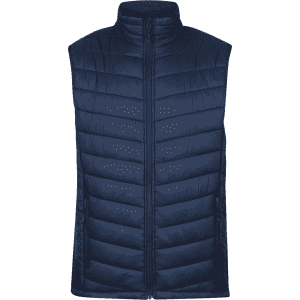 A navy blue men's vest features a quilted design, raised collar, and zippered pockets, with a logo present.