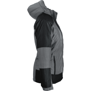 A women's jacket in grey and black, featuring an attached hood and zippered pockets. It has a logo on the front.