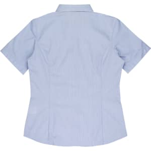 A short sleeve button-up shirt in light blue, featuring a fitted design and a back yoke. It includes a logo.