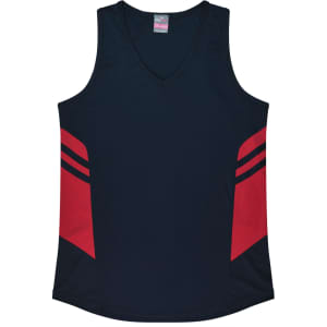 A navy singlet with red accents and a logo, featuring a V-neck design and sporty style.