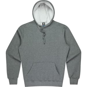 A grey hoodie with a white interior lining and a front pocket. It features a logo on the chest area.