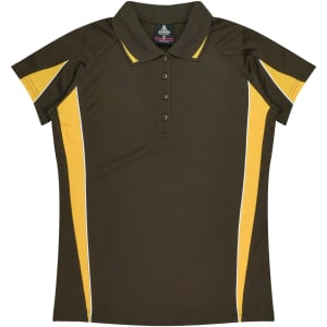 A dark green polo shirt featuring yellow and white stripes, with a classic collar and button placket.