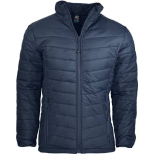 A navy blue men's jacket with a quilted design, featuring a front zip and side pockets. It includes branding.