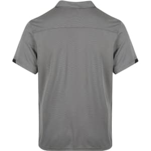 A grey polo shirt with a collar and short sleeves, featuring striped detailing and a logo.