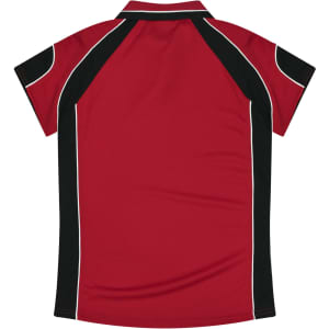 A red polo shirt with black accents and white piping, featuring a collar and short sleeves.