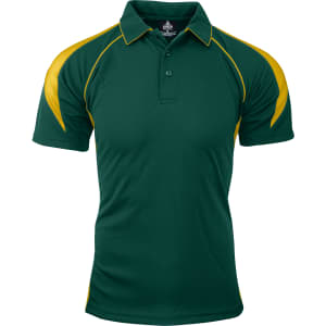 A green polo shirt with yellow accents and a collar, featuring a branding logo on the chest.